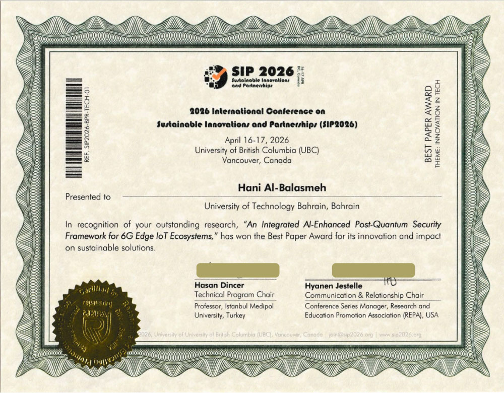 SIP2026 Best Paper Award certificate awarded to Hani Al-Balasmeh for An Integrated AI-Enhanced Post-Quantum Security Framework for 6G Edge IoT Ecosystems