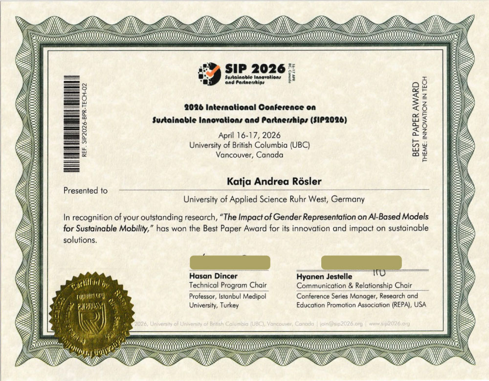 SIP2026 Best Paper Award certificate awarded to Katja Andrea Rösler for The Impact of Gender Representation on AI-Based Models for Sustainable Mobility